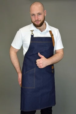 Фартук джинсовый поварской / официантский с нагрудником Lux-Form ЛЕВИС кожа синий 103088 Фартук джинсовый поварской / официантский с нагрудником Lux-Form ЛЕВИС кожа синий 103088
